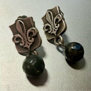 French Kande Silver Fleur-de-Lis Earrings with Shadowopal Beads